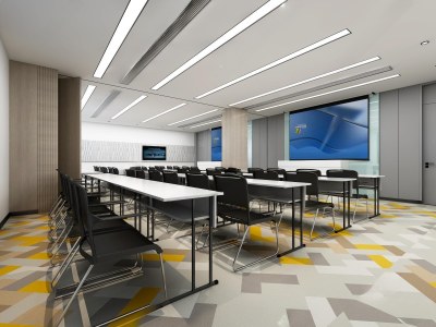 现代多媒体教室课桌椅3D模型下载